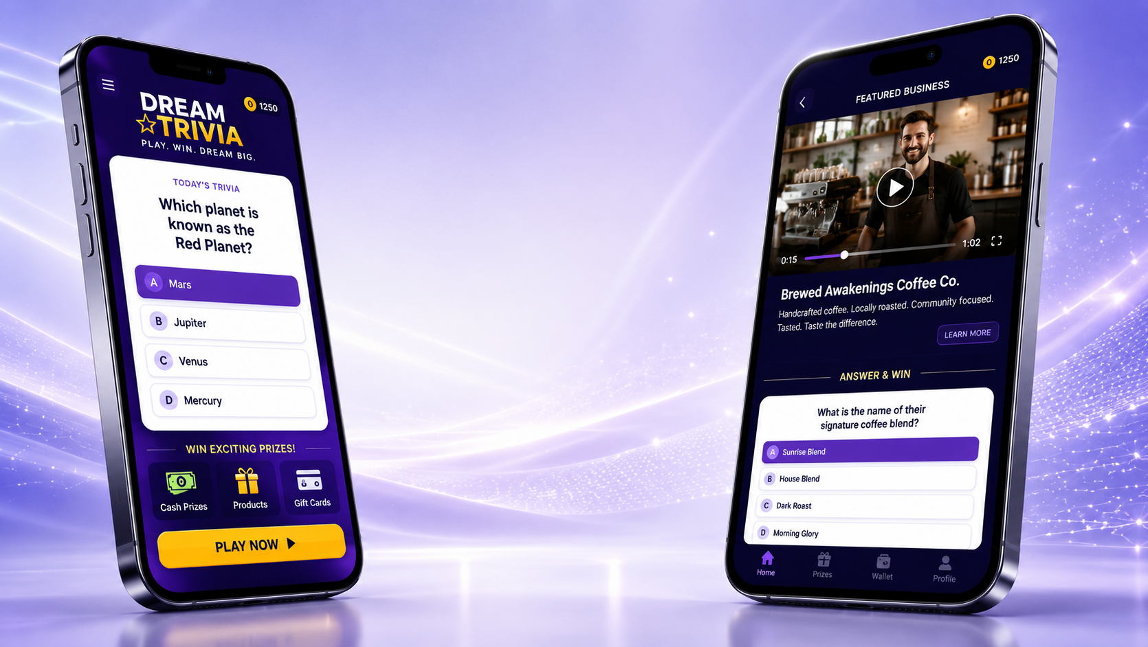 Dream Trivia hero with players, app, trophy, and giveaways