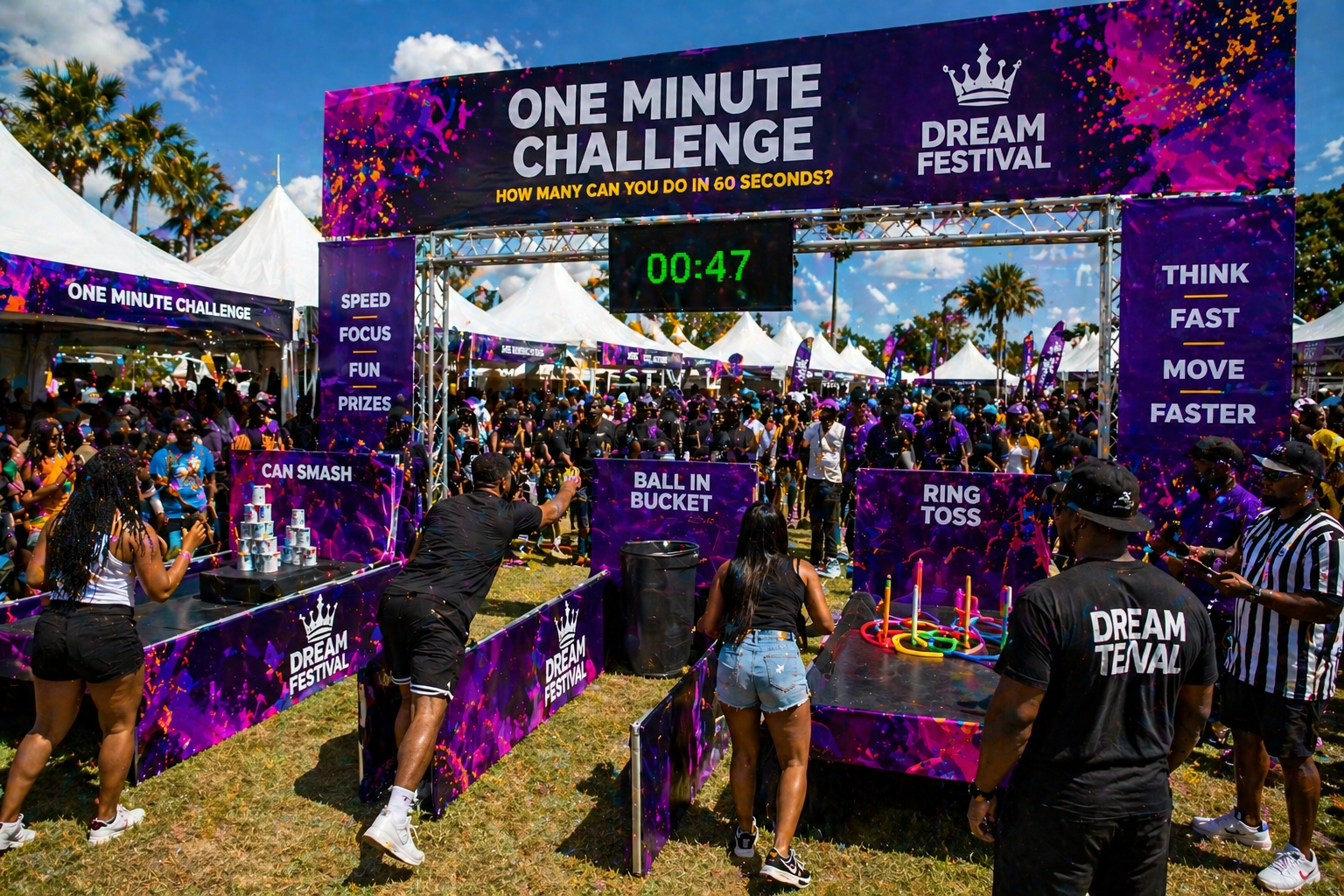 One-minute challenge games hosted at business tents