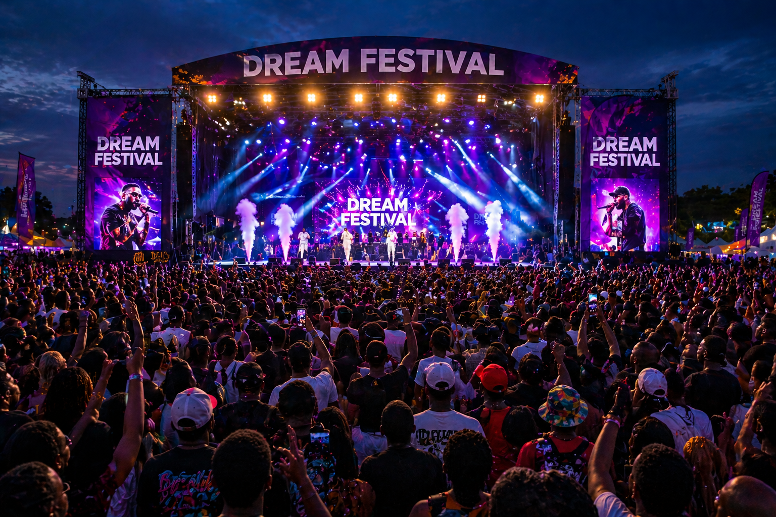Large concert stage with bright lights and crowd energy