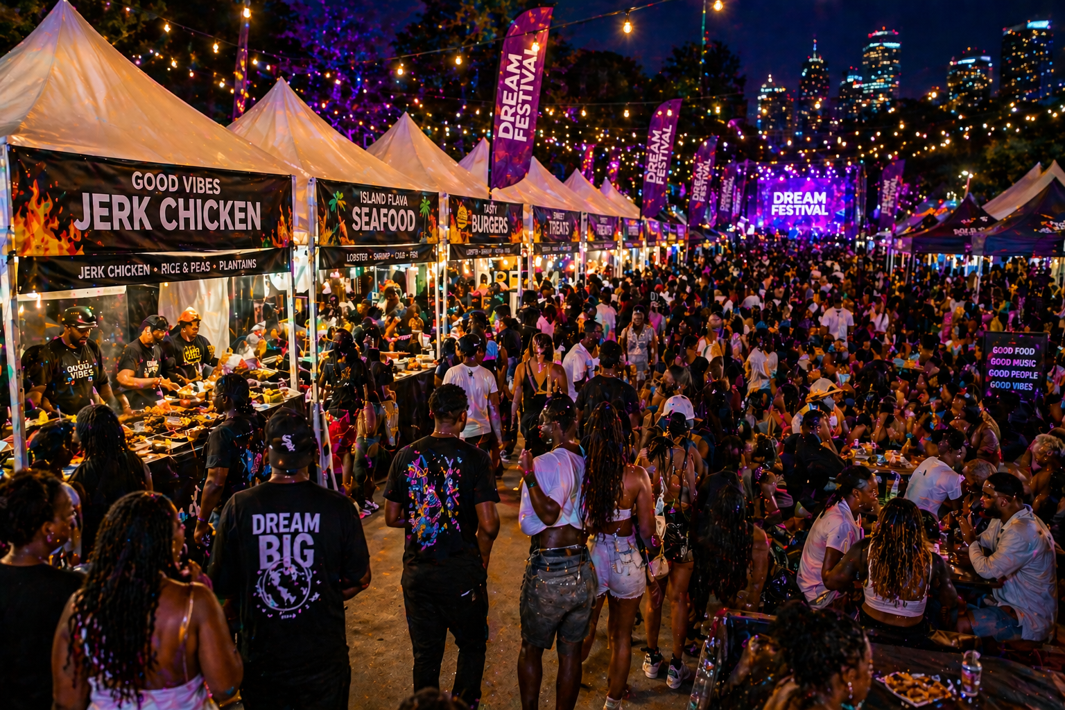 Upscale food vendors with diverse crowd